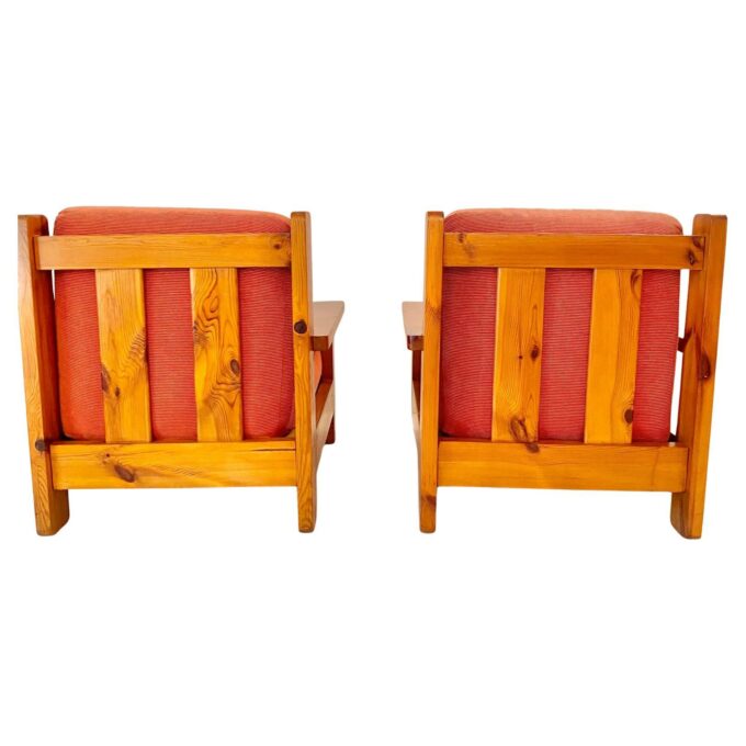 Two Mid Century Modern Vintage Wood and Red Velvet Armchairs