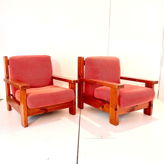 Two Mid Century Modern Vintage Wood and Red Velvet Armchairs