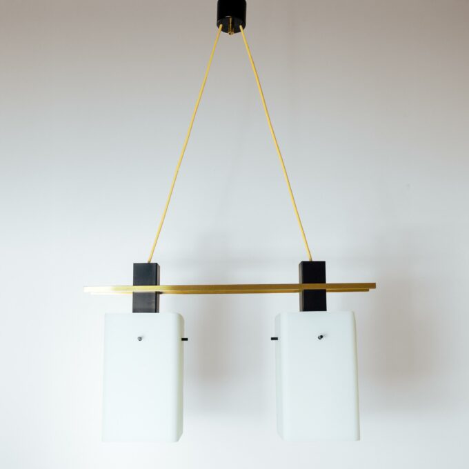 1960s Italian Stilnovo Ceiling Pendant with Opaline Glass Shades and Brass Details