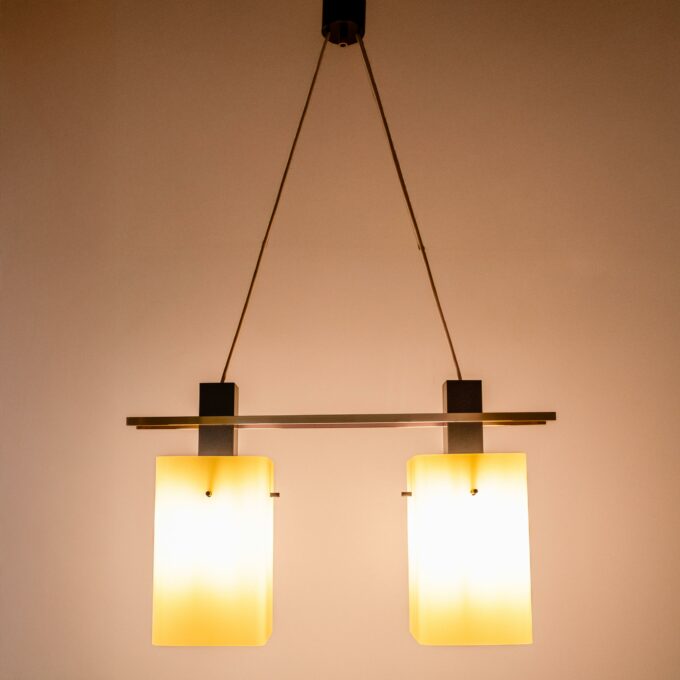 1960s Italian Stilnovo Ceiling Pendant with Opaline Glass Shades and Brass Details - Image 2