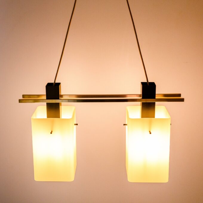 1960s Italian Stilnovo Ceiling Pendant with Opaline Glass Shades and Brass Details - Image 4