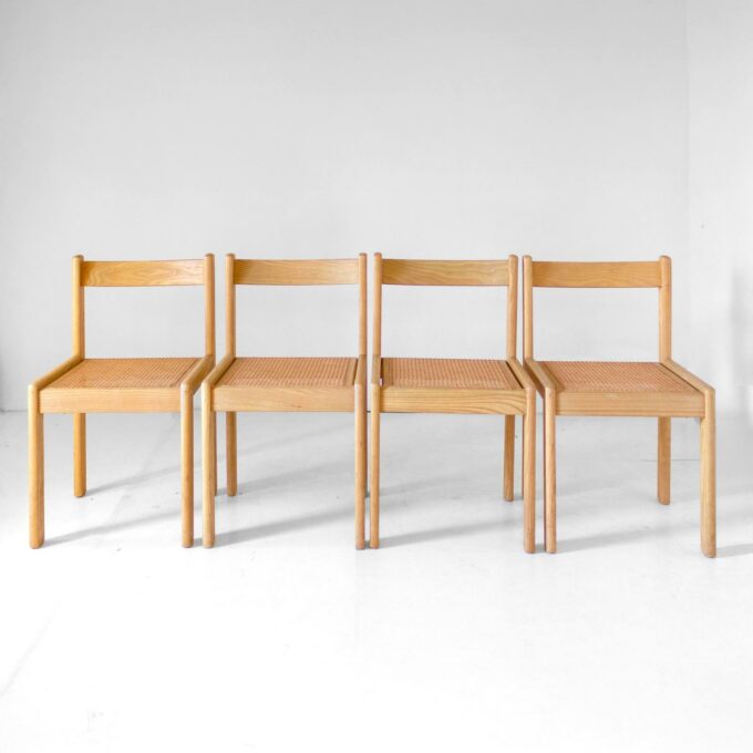 Set of Four Italian Oak Dining Chairs with Vienna Straw Seats, 1970s