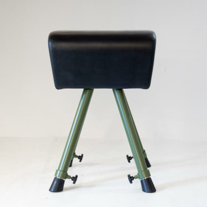 Mid-Century Modern Industrial Vaulting Horse Bench, Green Metal & Black Leather - Image 11