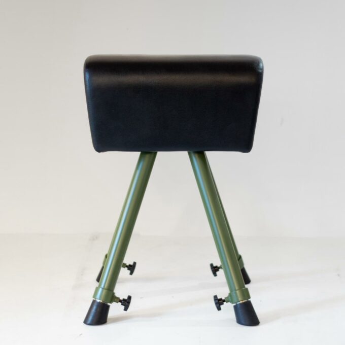 Mid-Century Modern Industrial Vaulting Horse Bench, Green Metal & Black Leather - Image 2