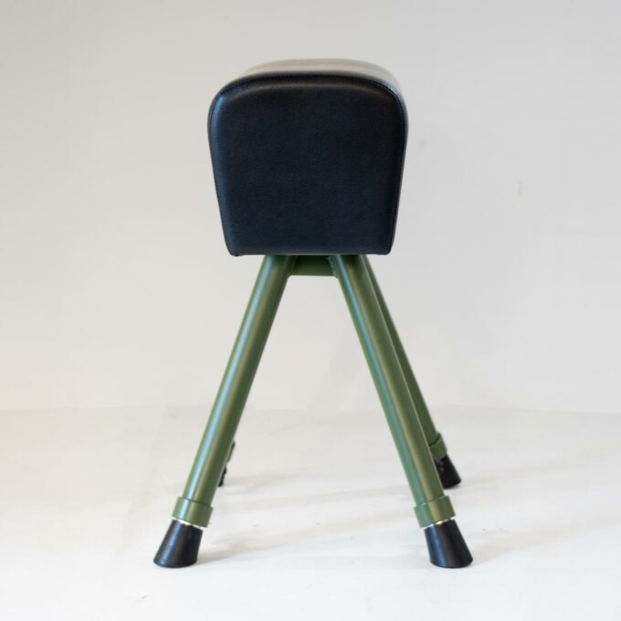 Mid-Century Modern Industrial Vaulting Horse Bench, Green Metal & Black Leather - Image 3