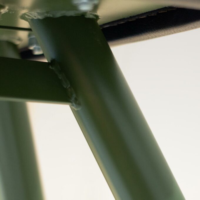Mid-Century Modern Industrial Vaulting Horse Bench, Green Metal & Black Leather - Image 7